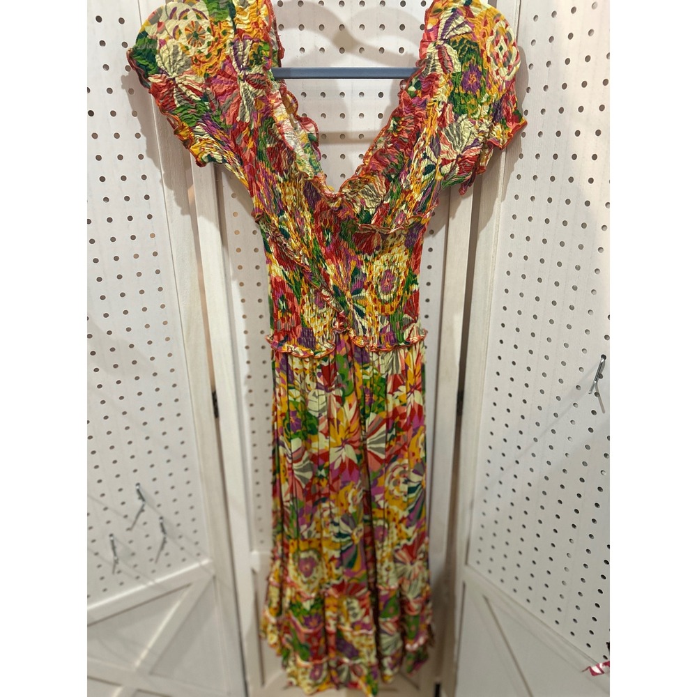 Luna‎ Llena Smocked Floral Maxi Dress Off Shoulder Ruffle V Neck Bohemian M - Picture 2 of 8